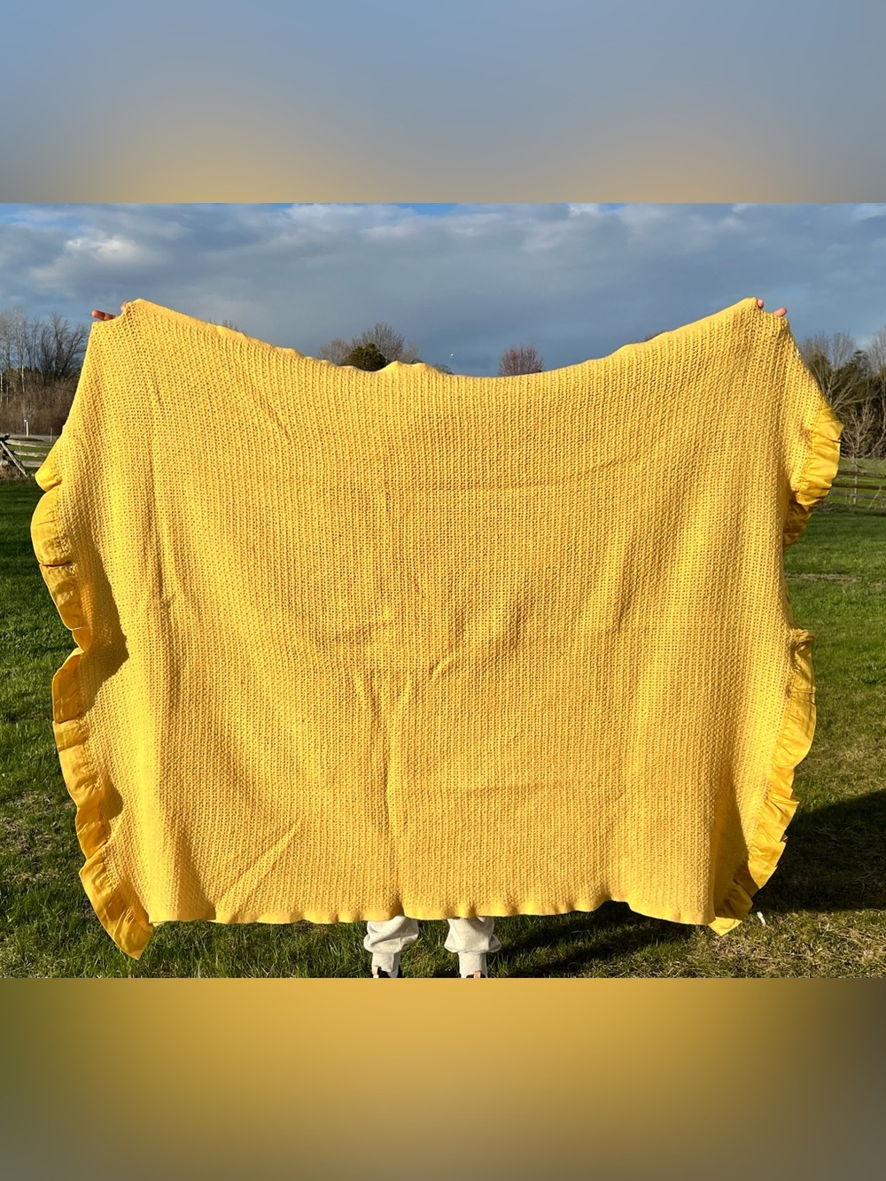 Vintage Wool Waffle Weave Blanket 72x50” Yellow Satin Trim Soft Made In Scotland